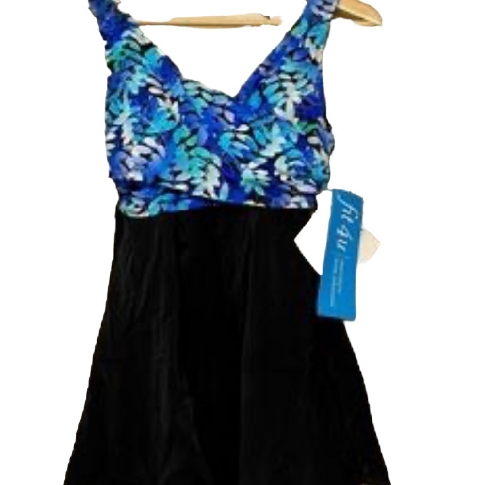 NWT Fit 4u Black Floral One-Piece Swimsuit with Skirt 6